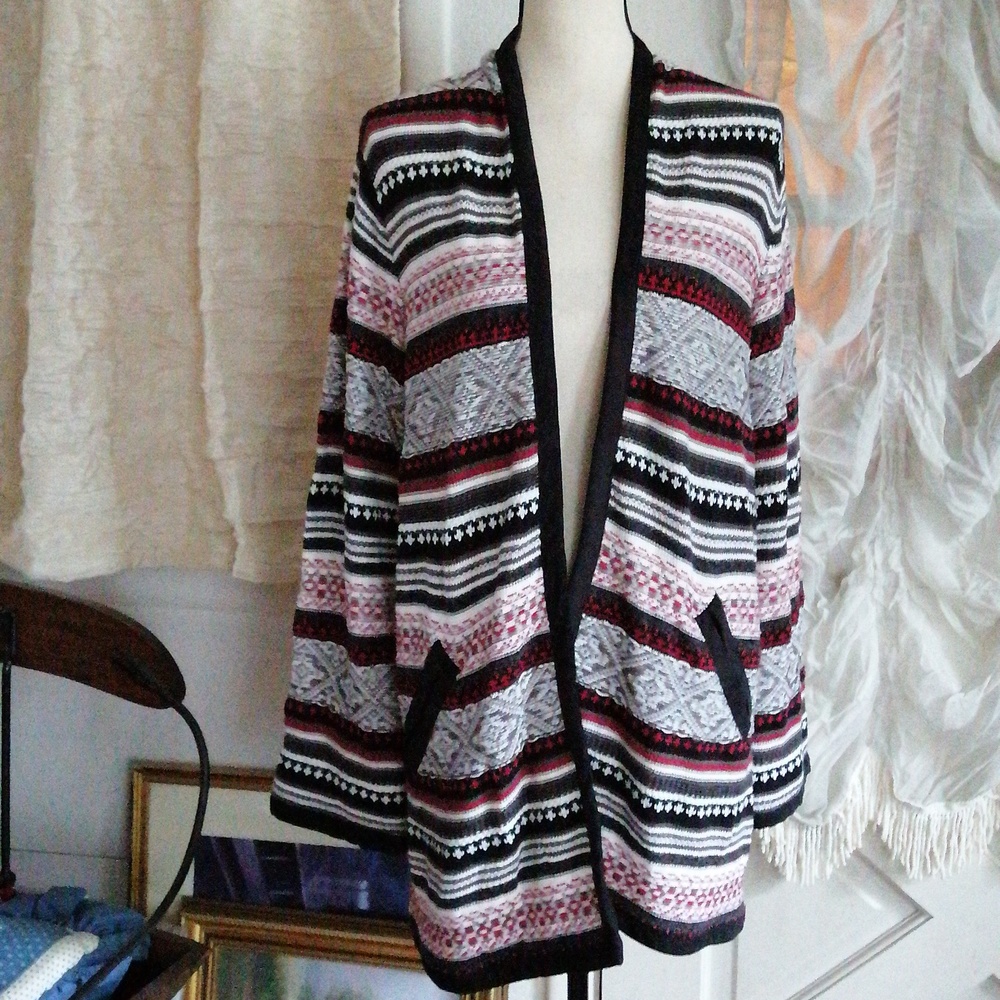 Womens Cardigan Sweater Colorful Stripe Open Front SZ M BOHO